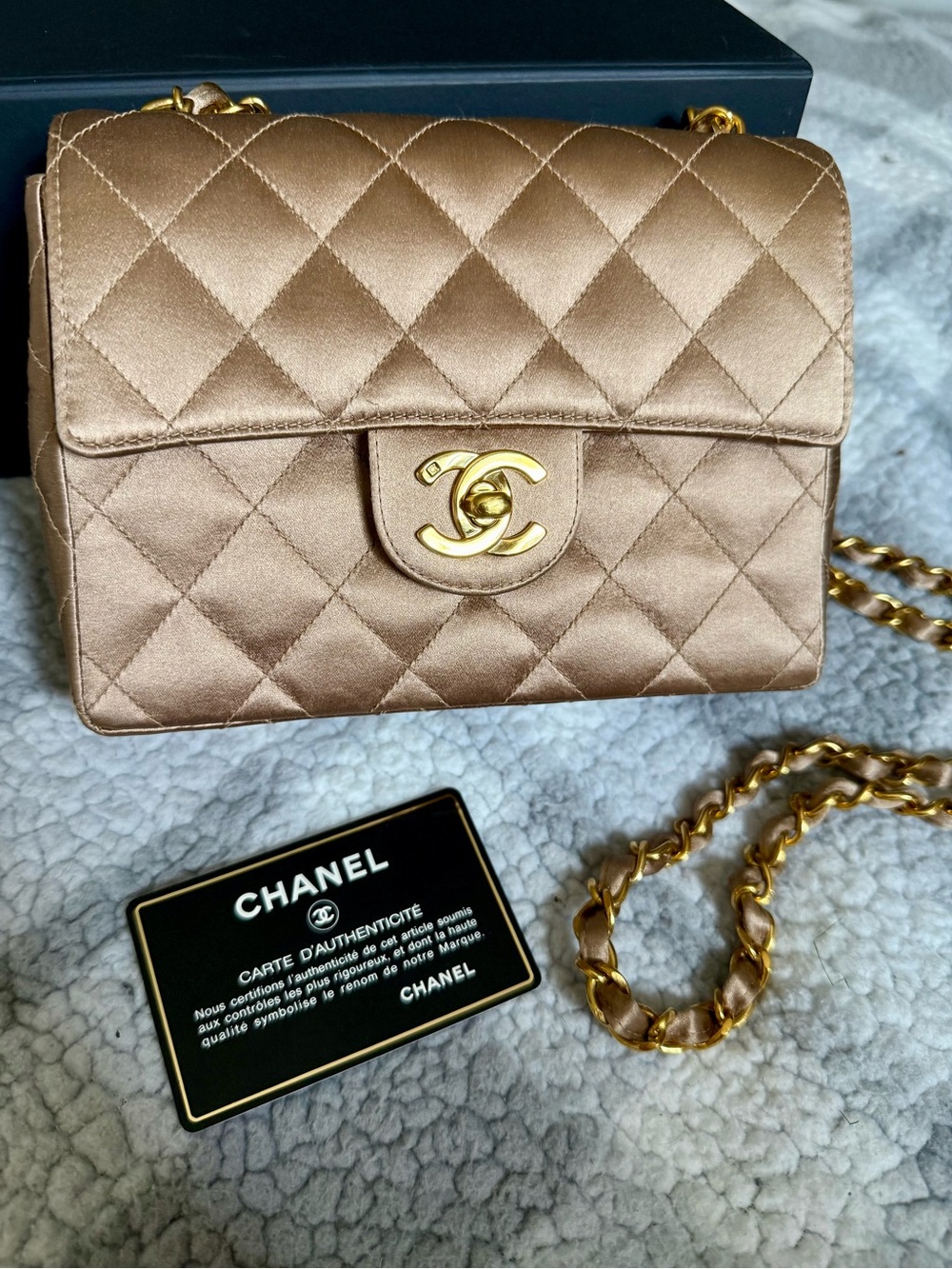 Chanel Quilted Gold Satin Mini Square Classic Single Flap Bag